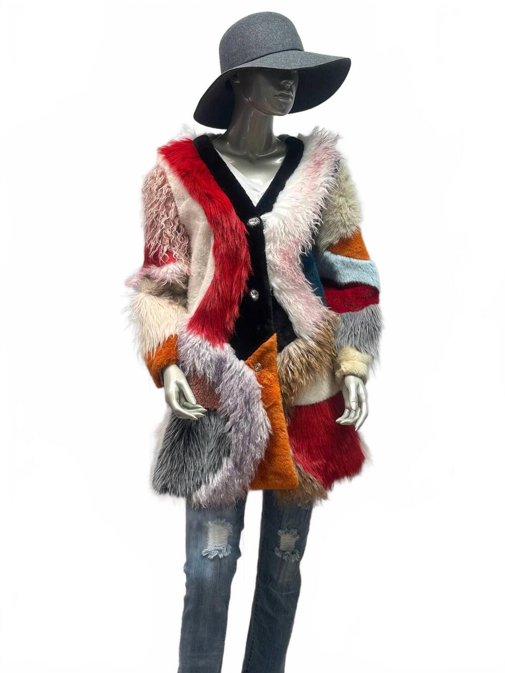 NEW BEULAHSTYLE women's patch it faux fur coat in multicolor